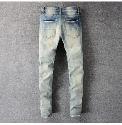 Men Patchwork Ripped Stretch Denim Jeans