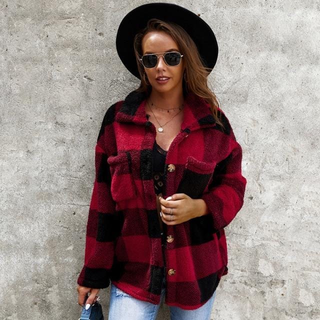 Women Plaid Padded Pocket Jacket