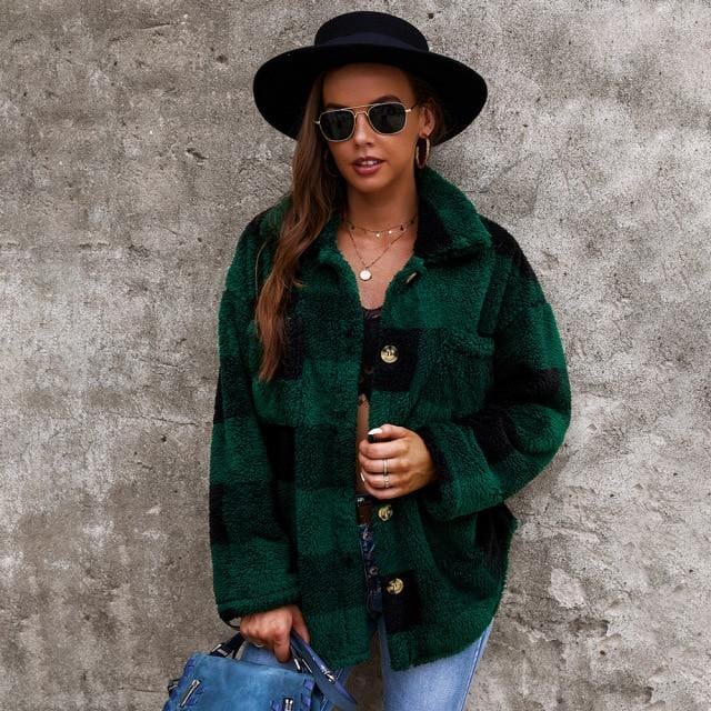 Women Plaid Padded Pocket Jacket