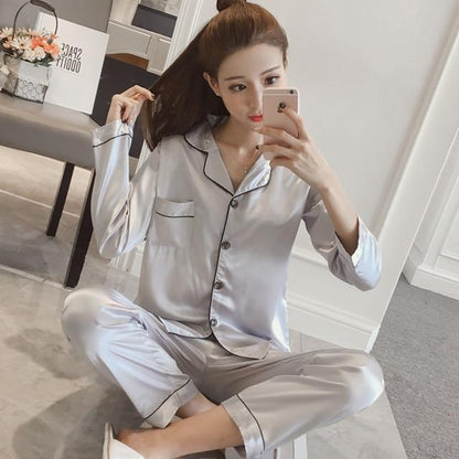 Womens Silk Satin Pajamas Pyjamas Set