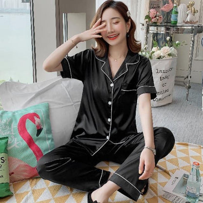 Womens Silk Satin Pajamas Pyjamas Set