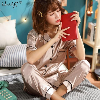 Womens Silk Satin Pajamas Pyjamas Set