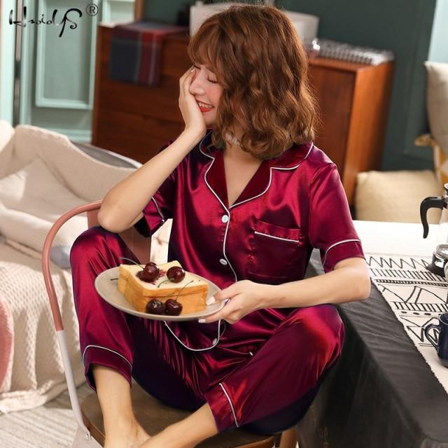 Womens Silk Satin Pajamas Pyjamas Set