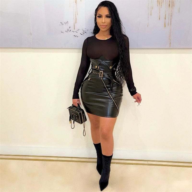 Women Sexy Long Sleeve Zipper Leather Dress with Belt