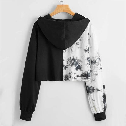 Women Black White Splicing Cropped Hoodie