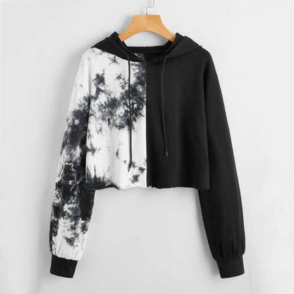 Women Black White Splicing Cropped Hoodie