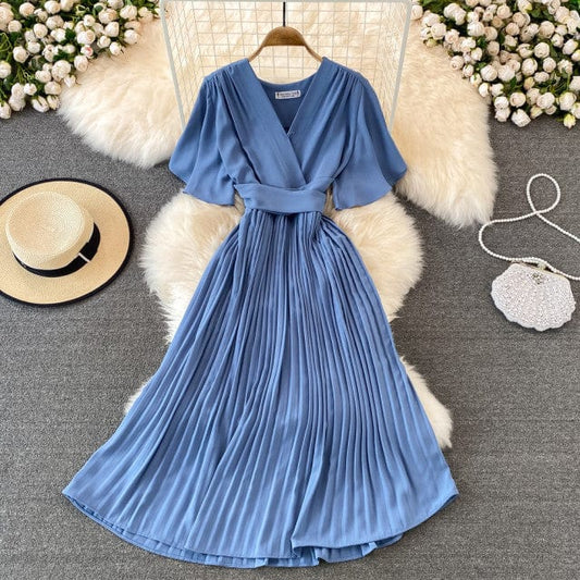 Women Solid Pleated Summer Dress