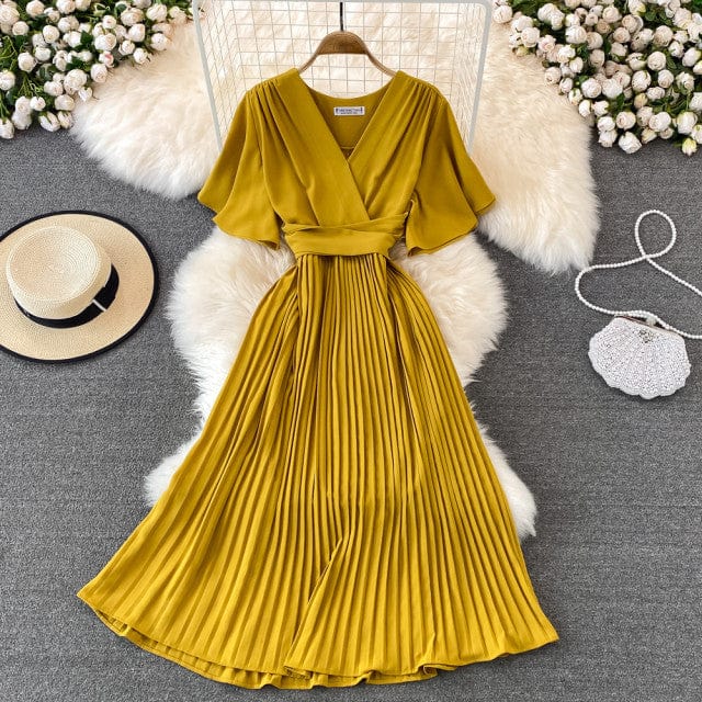 Women Solid Pleated Summer Dress