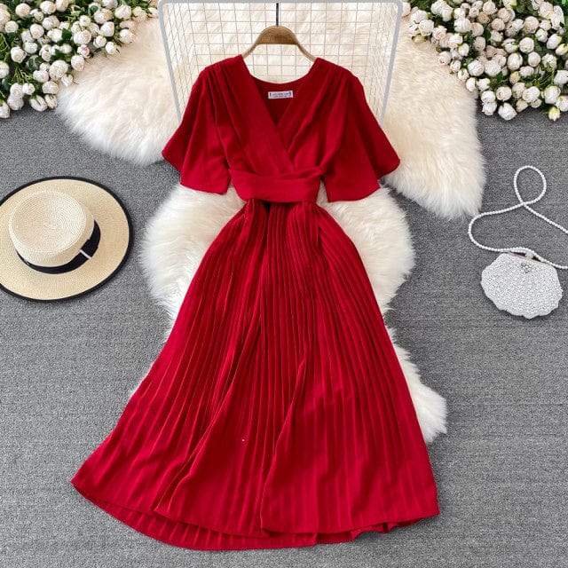 Women Solid Pleated Summer Dress