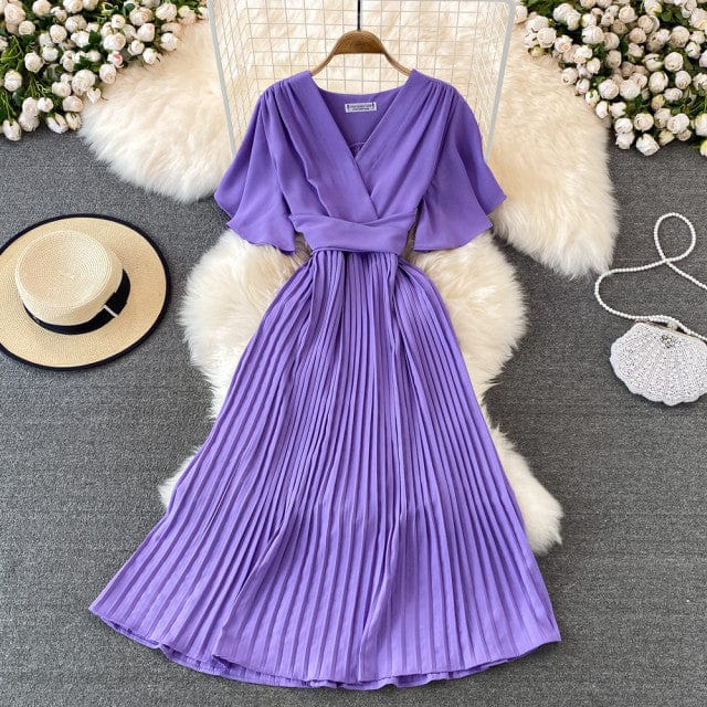 Women Solid Pleated Summer Dress