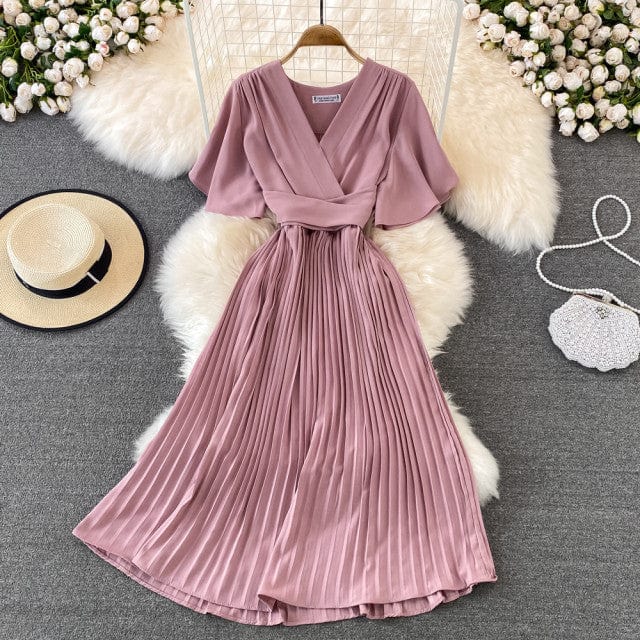 Women Solid Pleated Summer Dress