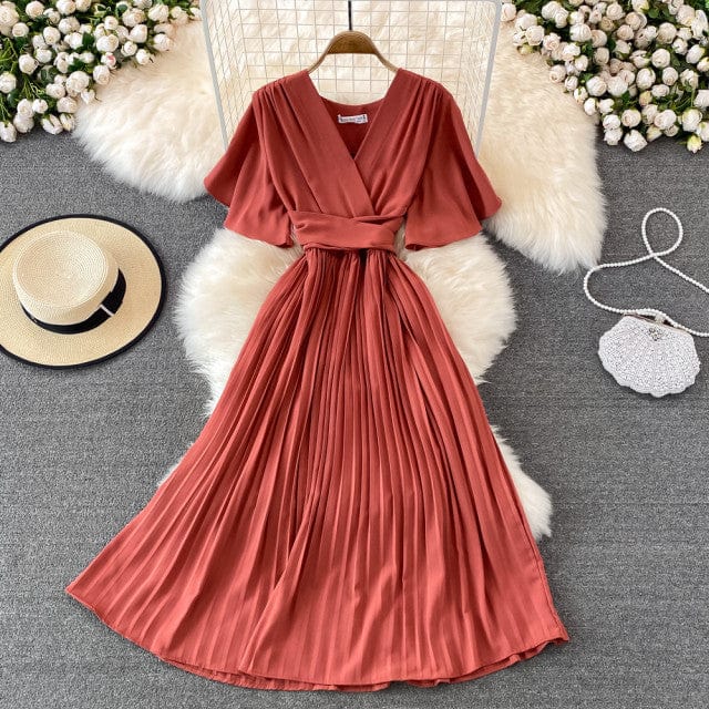 Women Solid Pleated Summer Dress