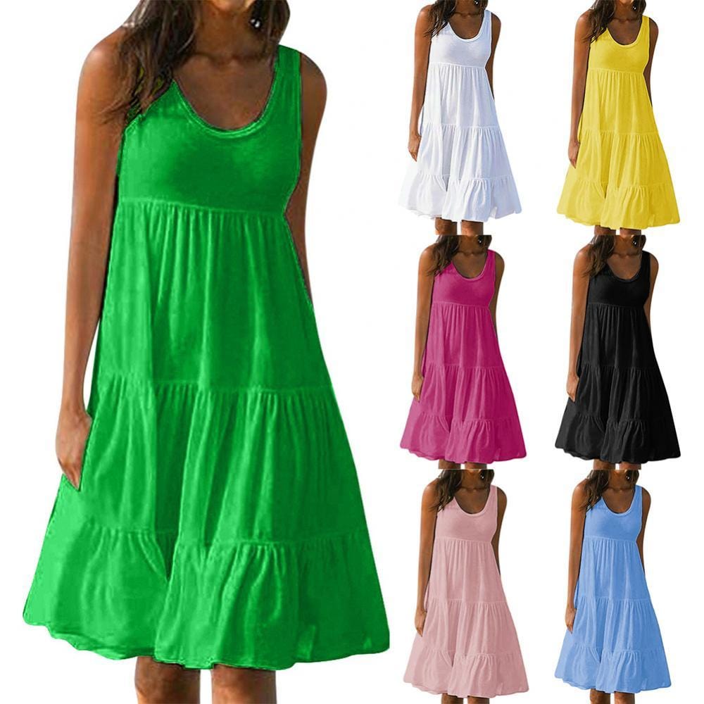 Women Summer Beach Solid Color Dress