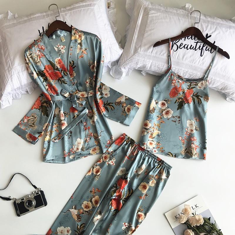 Women's Robe Spaghetti Strap+Cardigan+Pant Set