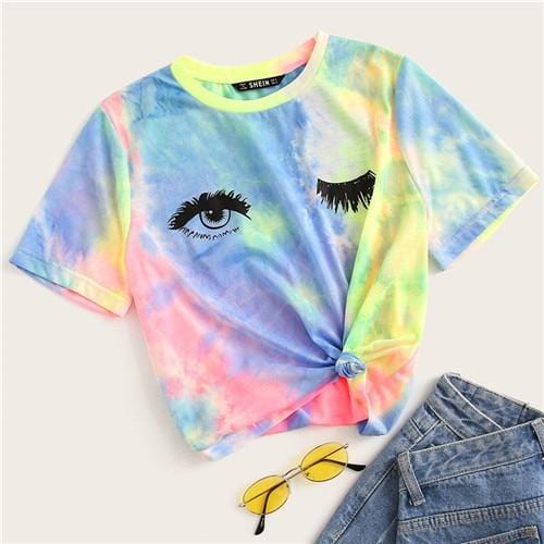 Multicolor Tie Dye Eye And Eyelash Print T Shirt