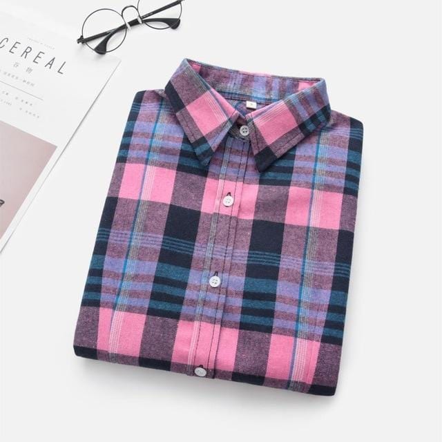 Women Flannel Plaid Shirt Plus Size